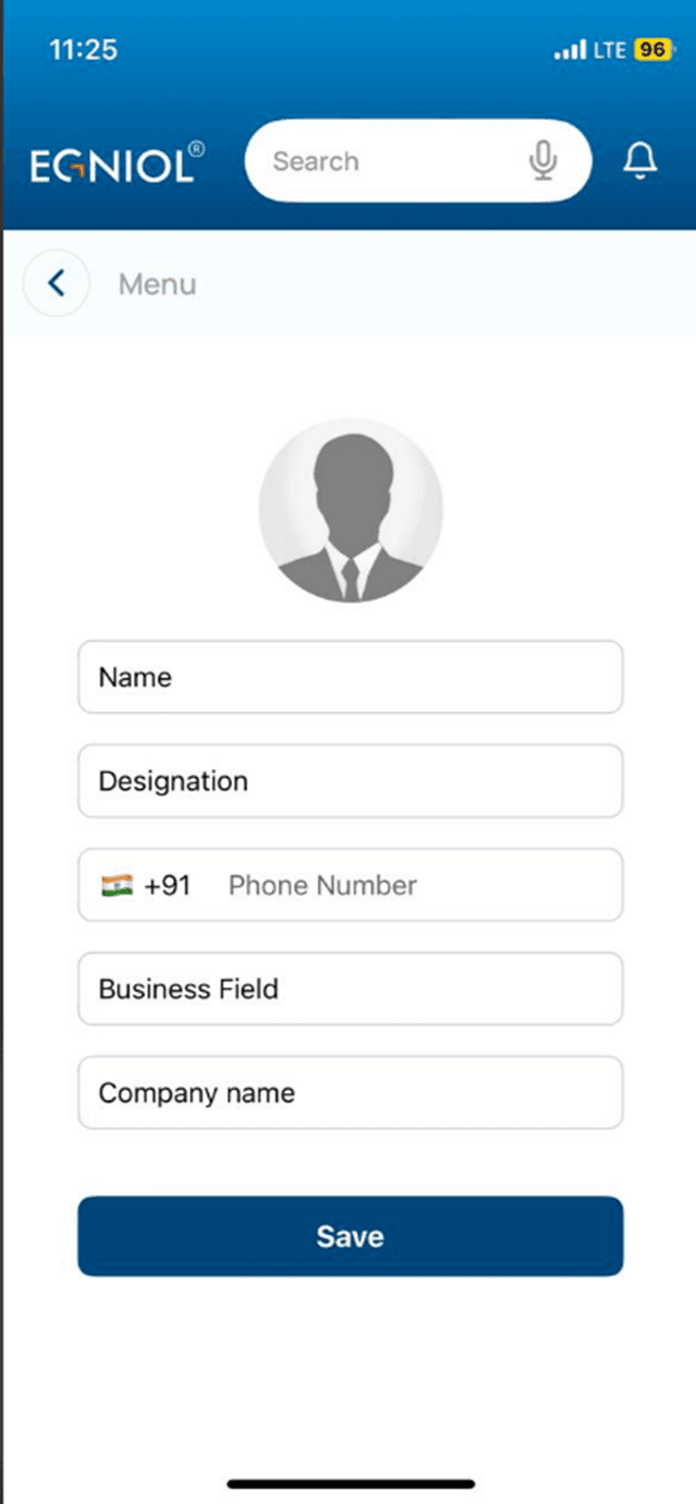 Step 1: Sign up screen for Egniol app